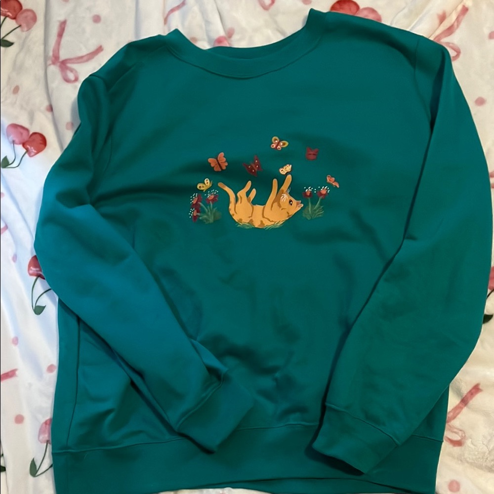 Teal Sweatshirt with Cat and Butterfly Design